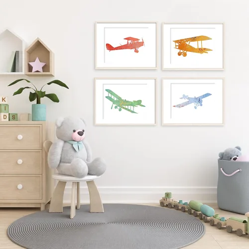 Vista 3 de Impresiones artísticas de aviones de guardería (juego de 4) – sin marco – 8 x 10 segundos Arte de pared encantador y caprichoso para guarderías