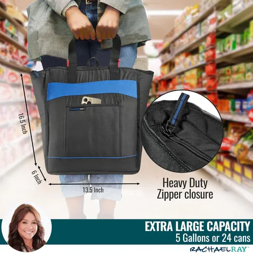 Vista 4 de Rachael Ray Chillout Soft Cooler Bag, Large Reusable Insulated Grocery Bag with Zippered Top, Travel Tote for Hot or Cold Food, Grocery Tote Bag