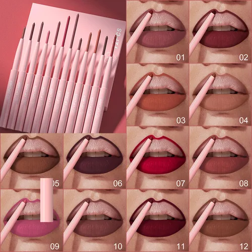 Vista 2 de Baorder Juego de lápices de labios mate de 12 colores, lápiz labial de terciopelo cremoso, de larga duración, impermeable, suave, altamente