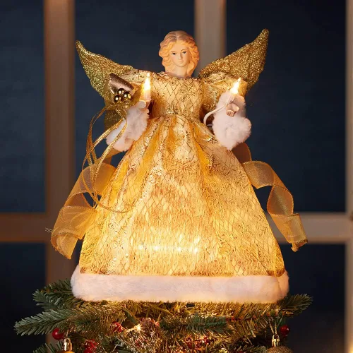 Vista 2 de Ángel Kurt Adler con 10 luces y vestido dorado para árbol de Navidad de 12 pulgadas