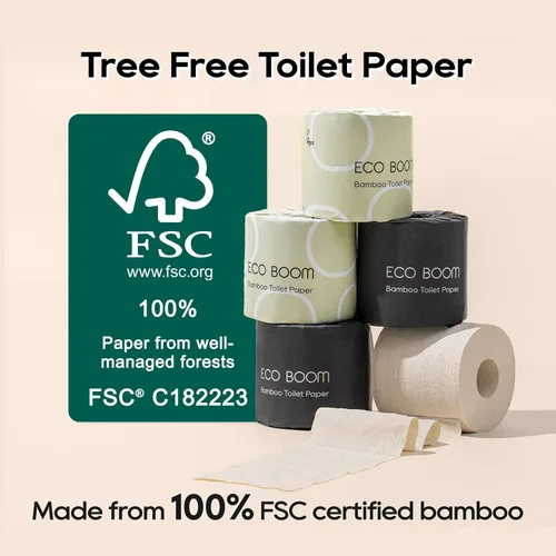 Vista 2 de ECO BOOM Papel higiénico de bambú sin blanquear, 100% libre de deforestación y sin plástico, 3 capas resistentes, certificado FSC, sin fragancia, 9