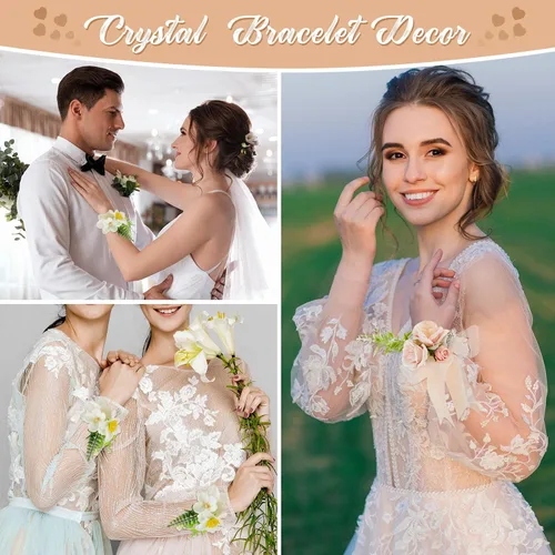 Vista 18 de Junkin 6 pulseras de ramillete con diamantes de imitación, elásticas, para decoración de bodas, bailes de graduación, aniversario (plateado)