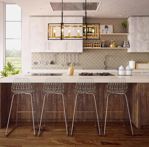 Vista 4 de TOCHIC Lámpara rectangular de 8 luces para isla de cocina, color negro y dorado, moderna lámpara lineal de isla para cocina, isla de cocina