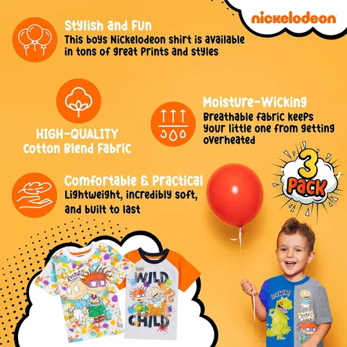 Vista 5 de Nickelodeon Pack Paw Patrol, Spongebob or Rugrats 3 Pack Boy's Graphic Tees, Cute Short Sleeve T-Shirts 3 Pack