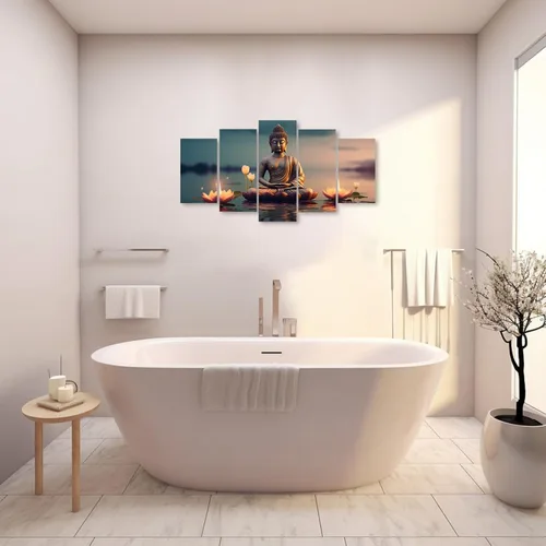 Vista 3 de ZXHYWYM Lienzo decorativo para pared, 5 piezas, estatua de Buda, pintura de loto, imágenes de loto, obras de arte de spa zen para oficina, 1