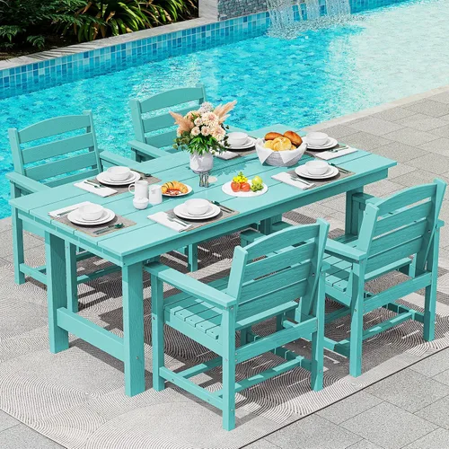 Vista 14 de SERWALL Juego de mesa de comedor de 7 piezas, muebles de comedor de polietileno de alta densidad para exteriores con agujero para paraguas y 6 Negro