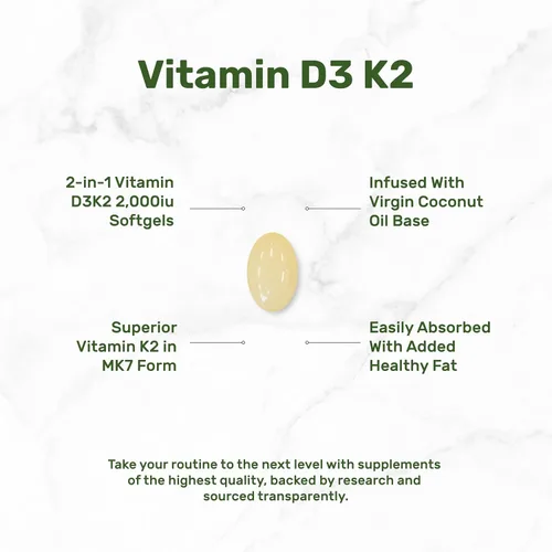 Vista 3 de DEAL SUPPLEMENT Vitamina D3 2,000 UI + K2 MK7 50mcg cápsulas blandas Complejo 2 en 1 con aceite de coco virgen Apoya la salud del corazón