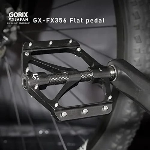Vista 3 de GORIX Pedales planos de bicicleta CNC ancho 3 cojinetes tubo central de fibra de carbono ligero con pin antideslizante Spike Road Mountain MTB