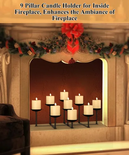 Vista 2 de Portavelas de chimenea con 9 placas de pilar de cera, soporte de velas de hierro para decoración de hogar, hogar, mesa, centro de mesa, decoración