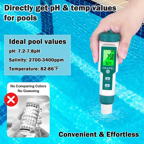 Vista 3 de PORAPXI - Probador digital de salinidad y pH para piscinas, jacuzzis y spas de agua, medidor digital 5 en 1 Digital Salinity Tester 5 in 1 pH Salt