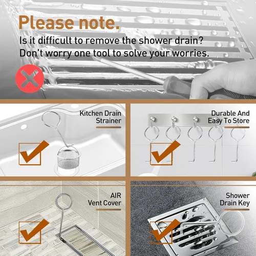 Vista 2 de Ganchos de elevación para llaves de drenaje, paquete de 5 extractores de rejilla de drenaje de acero inoxidable 304, llave de elevación para una