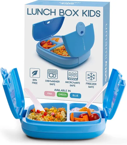 Vista 8 de Umami Lonchera Bento todo en 1 para niños, paquete de hielo y utensilios incluidos, 100% a prueba de fugas y sin BPA, lonchera favorita de los Azul