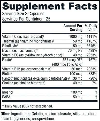 Vista 2 de Twinlab Stress B-Complex Caps - Suplemento de apoyo energético con cápsulas de vitamina B12 y B6-250