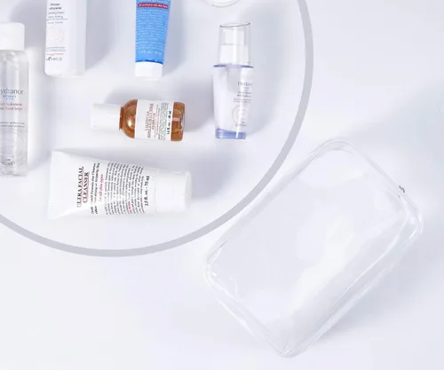 Vista 4 de Paquete de 4 tamaños y neceseres transparentes impermeables, aprobados por la TSA, bolsa de transporte con cremallera, organizador portátil de PVC
