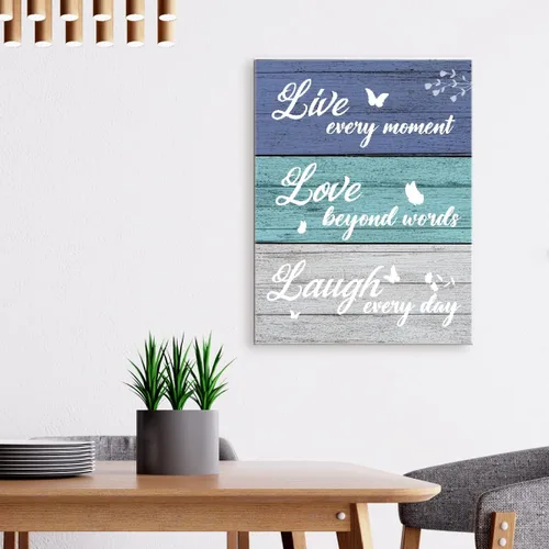 Vista 3 de Letrero con cita en lienzo enmarcado con texto en inglés "Live Love Laugh Love", decoración de pared para el hogar, cocina, comedor, sala de estar