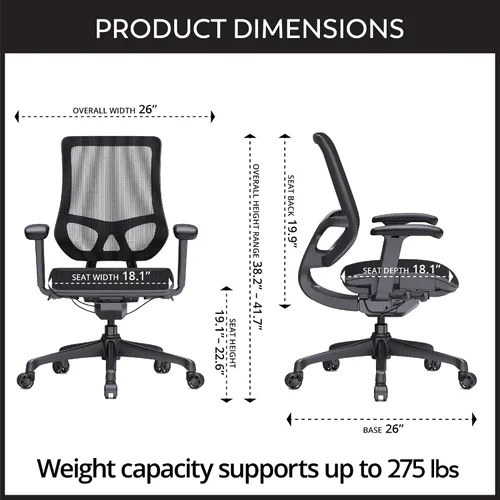 Vista 2 de WorkPro Silla de oficina ergonómica de malla y malla con respaldo medio, negro/negro, compatible con BIFMA