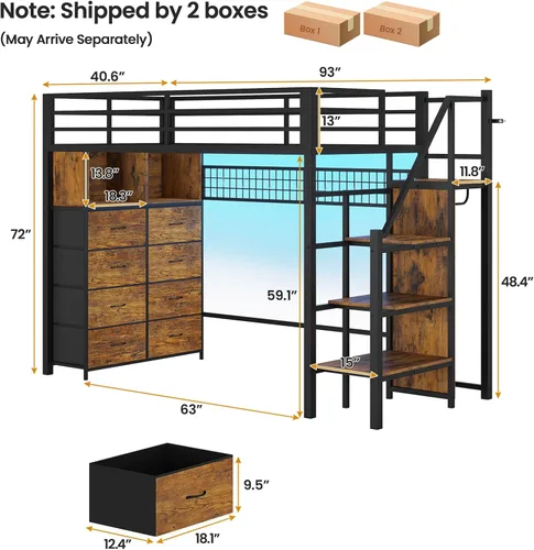 Vista 2 de ADORNEVE - Cama tipo loft tamaño individual con escaleras de almacenamiento, 8 cajones, cama tipo loft de metal para niños tamaño individual