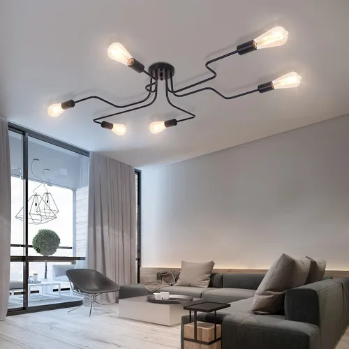 Vista 6 de Lingkai Sputnik - Lámpara de techo de 6 luces, lámparas industriales de metal negro Sputnik semiempotradas para sala de estar, comedor, vestíbulo