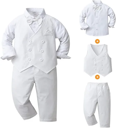 Vista 35 de IDOPIP Trajes de otoño e invierno para niños pequeños, camisa de manga larga con corbatín + chaleco + pantalones largos, overoles