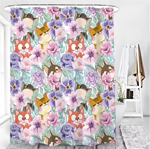 Vista 2 de Cortina de ducha con diseño de gatos, diseño floral de acuarela, diseño de animales divertidos, tela de poliéster, impermeable, 72 x 72 pulgadas