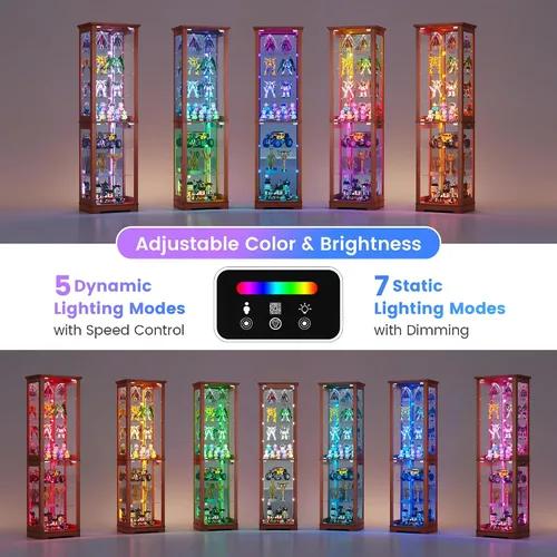 Vista 3 de 71“ Tall Bar Cabinet with RGB Lights & Glass Doors, 7-Tier, Wood