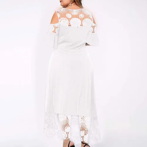 Vista 4 de MOBCTG Vestidos negros de talla grande, vestido de moda para mujer, con costuras de encaje con volantes, manga corta, sin tirantes, vestido