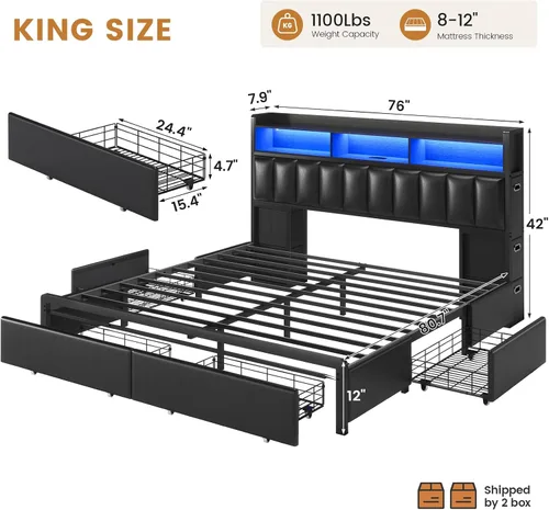 Vista 2 de ADORNEVE Base de cama tamaño King con 10 cajones de almacenamiento y cabecera tipo estantería RGB, cama King tapizada en PU con estación de carga