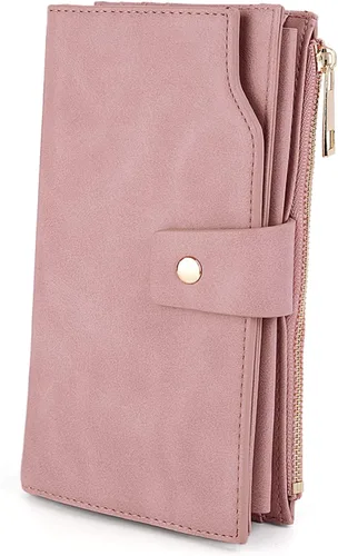 Vista 14 de UTO Cartera de cuero vegano para mujer, cartera larga con broche de presión, tarjetero de crédito, elegante embrague 0153 Gris