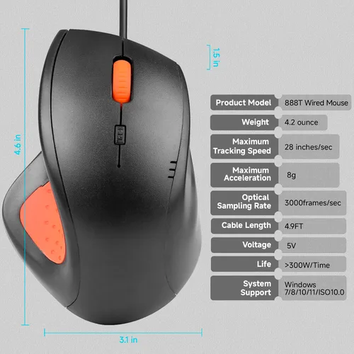 Vista 8 de ONE-UP Mouse de oficina con cable, diseño ergonómico, agarre de silicona antideslizante, 600/1000/1600 DPI ajustable, cable de 5 pies, compatible