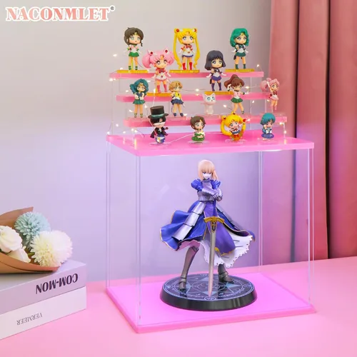 Vista 6 de Vitrina de acrílico transparente para figura de acción Pop Mart, vitrina Funko Pop a prueba de polvo con iluminación, múltiples capas para Rosa