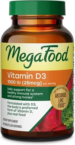 Vista 9 de MegaFood Vitamina D3 1000 UI (25 mcg), salud ósea e inmunológica, 90