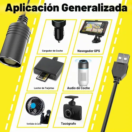 Vista 6 de Adaptador de USB a Encendedor de Cigarrillos, Cable de 10W USB Macho a 12V Encendedor de Cigarrillos de Toma, para Cámara de Salpicadero, Detector