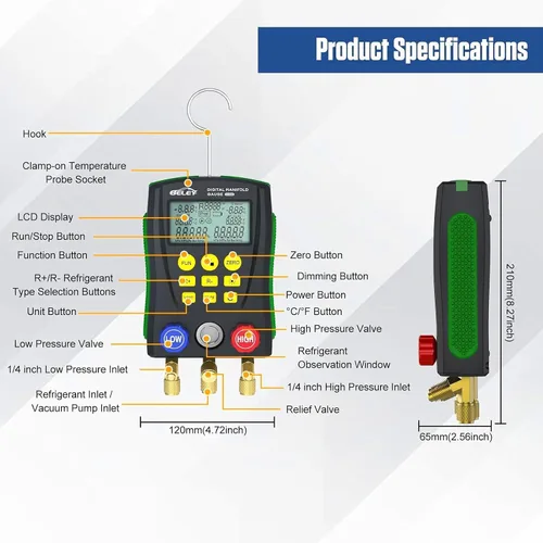 Vista 3 de BELEY Refrigeración Digital Manifold HVAC System Gauge Set, alta precisión de presión de vacío probador de fugas de temperatura dignostic Meter Kit