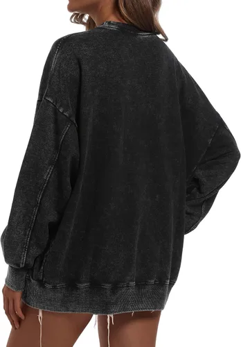 Vista 4 de BINTEHGS Sudadera de gran tamaño para mujer, ajuste holgado, de algodón, estilo vintage, cuello redondo, con bolsillo, manga larga