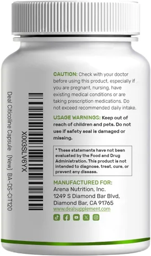 Vista 7 de Citicolina CDP Colina, 1,000mg por porción, 120 cápsulas – Suplementos de colina de fuerza extra – Propiedades de vitamina B nootrópica – Promueve