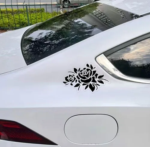 Vista 4 de MAKTEM Rosas con hojas, calcomanías sexys de automóvil para hombres y mujeres, calcomanías de automóvil de flores, accesorios de automóvil de Negro