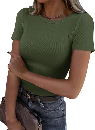 Vista 8 de Roselux - Camiseta ajustada de manga corta con cuello redondo de canalé, camiseta básica de punto. Beige