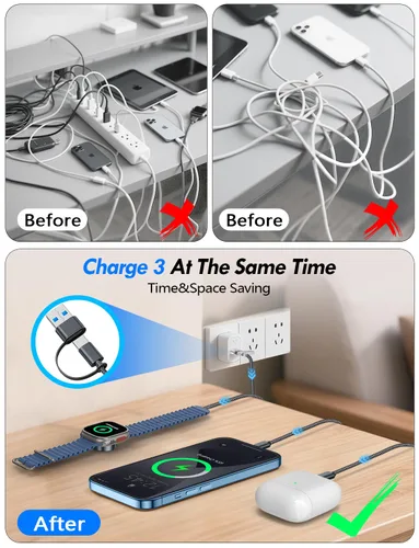 Vista 6 de Esenciales de viaje para cargador de Apple Watch, cargador de iPhone, cable de carga múltiple 3 en 2, tipo C, Lightning/cable magnético de carga