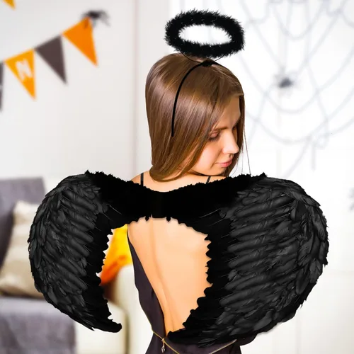 Vista 4 de YoleShy Diadema de alas de ángel negras y aureola de Halloween disfraz de alas negras para mujeres adultas alas de diablo de plumas de primera