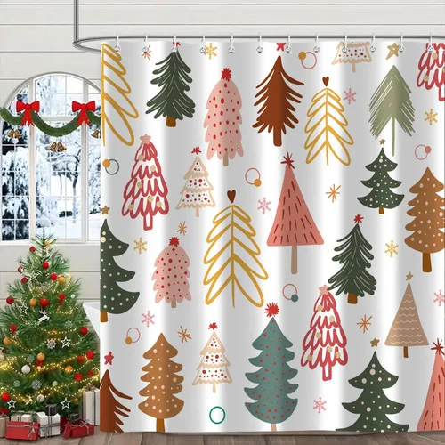 Vista 9 de Cortina de ducha de Feliz Navidad, trineo de Papá Noel, reno, copo de nieve, vacaciones, cuadros rojos y verdes, juego de cortinas de ducha