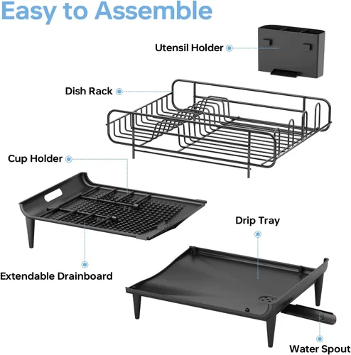 Vista 8 de TOOLF Escurridor de platos grande, escurridor de platos expandible para encimera de cocina, escurridor de platos multifuncional, elementos Negro