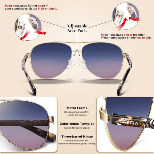 Vista 58 de CARFIA Gafas de sol polarizadas para mujer, protección UV, brazos de acetato, marco de metal, sombras para mujer, CA3216