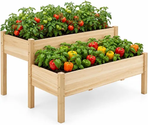 Vista 11 de Yaheetech Cama de jardín elevada de madera de 47 x 41 x 30 pulgadas, para horticultura, para exteriores, 2 niveles, maceta elevada para hierbas
