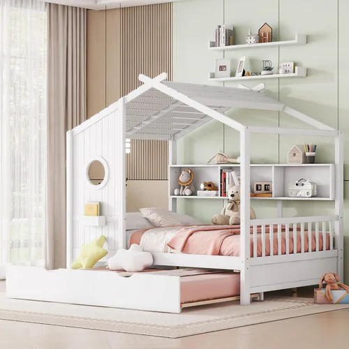 Vista 9 de Cama moderna de tamaño individual con nido, marco de cama de madera resistente con armazón de almacenamiento, techo y ventana para niños, niñas