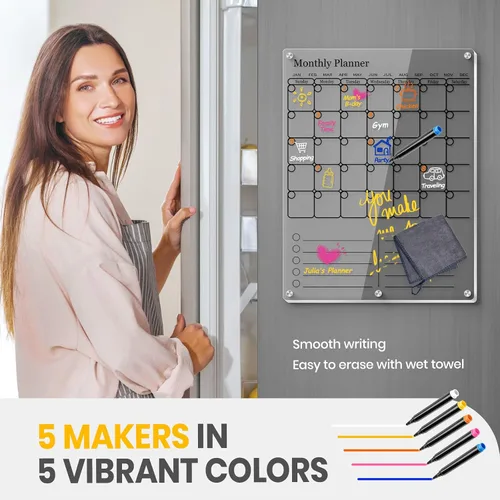 Vista 5 de Calendario magnético para refrigerador, calendario acrílico grueso para refrigerador con imanes fuertes, pizarra blanca transparente de borrado
