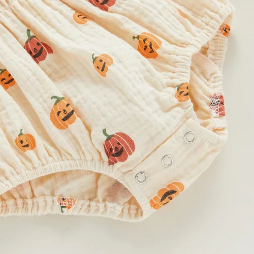 Vista 7 de Traje de Halloween para bebé recién nacida, disfraz de calabaza de manga larga de algodón y lino, enterizo con diadema