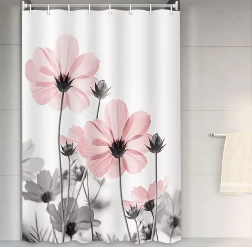 Vista 24 de MERCHR Cortina única floral azul para decoración de baño, cortina de ducha estilo granja con flores de margarita azul y gris elegantes y diseño