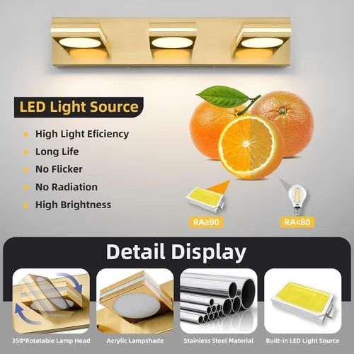 Vista 4 de OKELI Lámpara LED de tocador de baño de 3 luces, accesorios de iluminación de pared de baño modernos dorados sobre espejo (3CCT, 3000K-6000K)