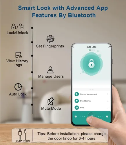 Vista 3 de KLLOQUE Fingerprint Door Lock, Smart Fingerprint Door Knob with Keypad, Biometric Door Lock with App Control, Auto Lock Door Lock with Code, Keyless