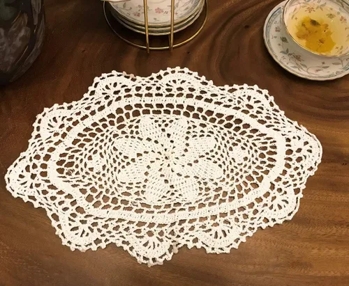 Vista 8 de Manteles individuales de algodón hechos a mano beige hechos a mano con tapices de encaje, manteles individuales ovalados de 10 x 14 pulgadas, 2